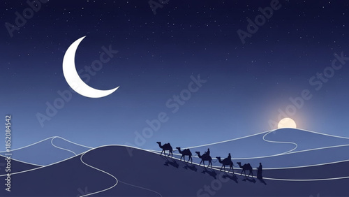 Camel Caravan Silhouette Journey Across Desert Dunes Under Crescent Moon Night Sky