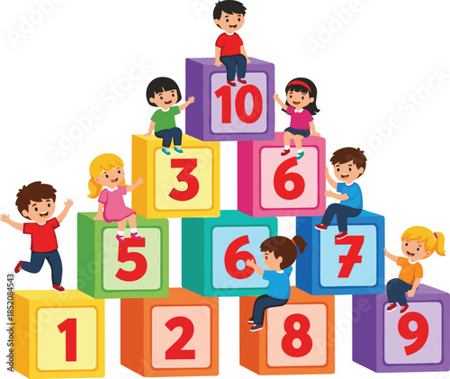 Cute Kids Playing with Colorful Number Blocks, Educational Cartoon Flat Vector Illustration for Preschool Math Learning, Kindergarten Activities, and Early Childhood Education