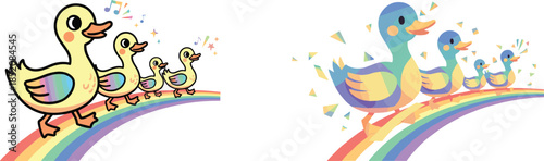 Ducklings on Rainbow: A delightful family of ducklings waddling along a vibrant rainbow, symbols of joy and childhood wonder.