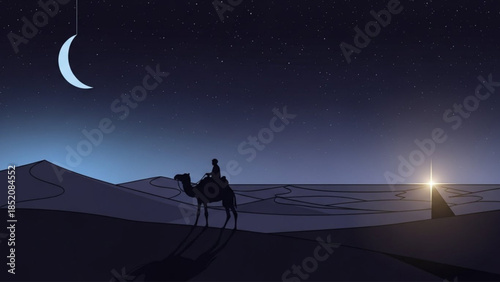 Silhouette of Traveler Riding Camel Through Desert Dunes Under Crescent Moon and Night Sky