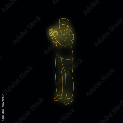 Photographer using professional digital camera, yellow neon style on black background, isometric view