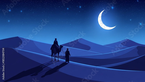 Mystical Desert Night Journey Camel Caravan Under a Bright Crescent Moon and Starry Sky