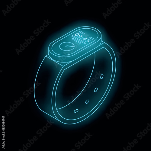 Neon blue isometric smartwatch displaying time and activity data, highlighting wearable technology and innovation