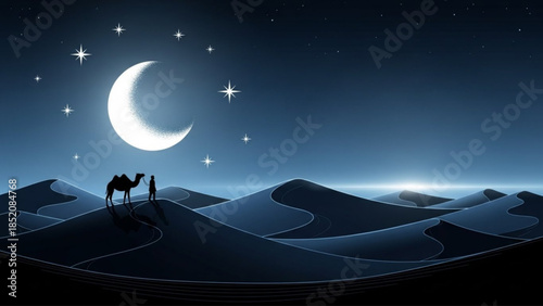 Mystical Desert Night Scene with Camel and Glowing Crescent Moon