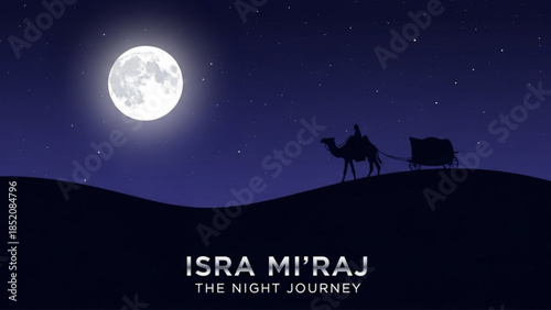Isra Mi raj Night Journey Silhouette Under Full Moon Islamic Religious Background