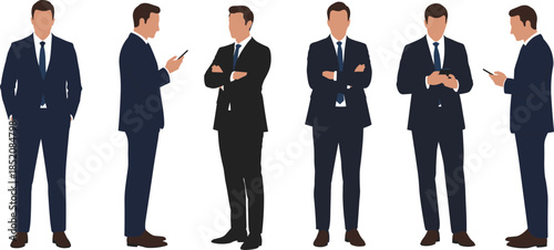 Businessman character set, office man figure, corporate people illustration, executive pose collection, suit professional design, businessman using phone, standing business pose