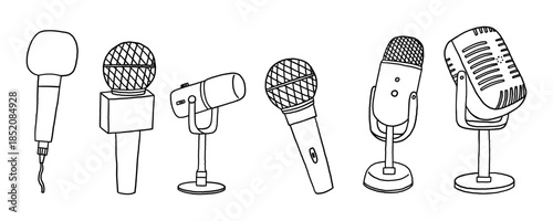 Sketch Mic Podcast Music Set. Doodle Radio  Karaoke Microphone Collection. Vector Illustration