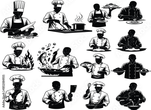 Chef silhouettes, cooking poses, kitchen activity, culinary tools, food preparation, black icons, restaurant staff, gourmet action, chef hat, kitchen scene