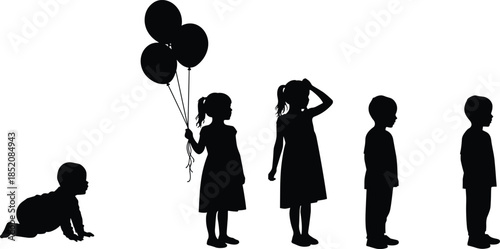 Childhood growth stages, baby to teenager, silhouette illustration, child development concept, life progression, kids