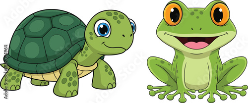 Cute Cartoon Turtle and Frog Characters Set, Colorful Flat Vector Illustration for Kids Education, Animal Learning, Nursery Decor, and Children Design Projects