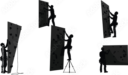 Climbing wall silhouettes with climbers and belayers, indoor rock climbing, route setting, teamwork, safety harness, recreation, vector illustration