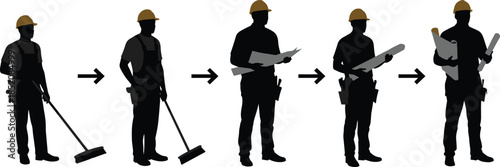 Construction worker career progression, skill development, job growth, occupational safety, labor silhouettes, blueprint planning, workforce training, vector illustration