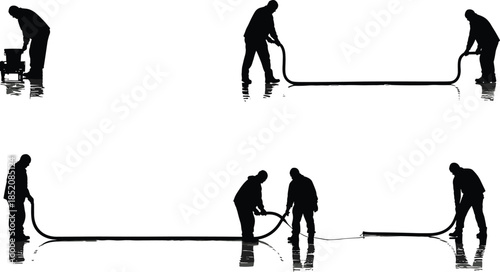 Construction workers silhouettes with hose, teamwork coordination, equipment setup, occupational safety, industrial maintenance, infrastructure crew, vector illustration