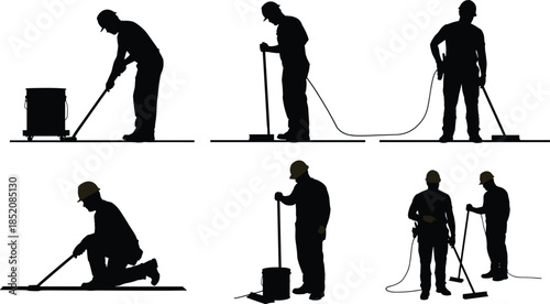 Construction workers silhouettes with tools, hard hats, safety helmets, industrial labor tasks, occupational safety, teamwork, infrastructure, vector illustration