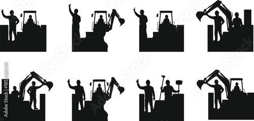 Construction workers silhouettes, heavy machinery, excavator, bulldozer, teamwork, industrial site, labor, safety, engineering, building, architecture, workforce, digger, development, 