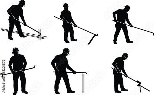 Construction workers silhouettes, rebar bending, reinforcement labor, heavy tools, hard hats, teamwork, industrial site, safety gear, building structure, engineering