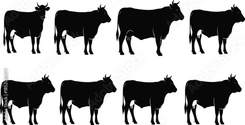 Cow silhouette, livestock icon, farm animal, cattle shape, black silhouette, rural theme, agriculture concept, grazing cow, animal profile, herd design