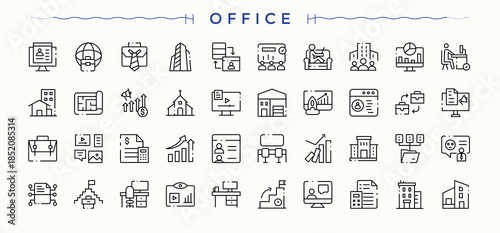 Office line icon set. Thin outline icons pack. Pixel perfect. Editable stroke. Desk icon set. Contains such icons as job, workspace, teamwork, team, work, meeting and more.