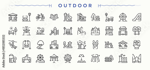 Outdoor simple icon set. Recreation icon set. Isolated icons. Contains such icons as outdoor, infrastructure, recreation, park, landscape and more. Vector illustration. Pixel perfect.