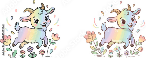 Cute rainbow baby goat illustration, pastel spring farm animal cartoon art vector