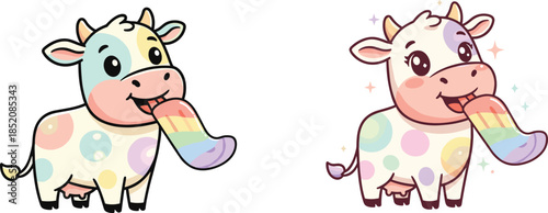 Cute rainbow cow illustration, pastel cartoon calf, kawaii fantasy nursery art design