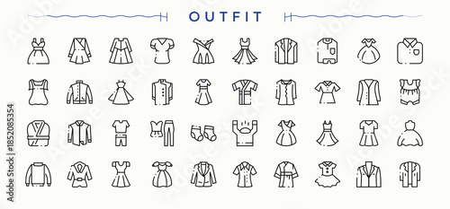 Outfit icon collection. Dress icon set. Pictograms of wear, suit, clothes, apparel and more.
