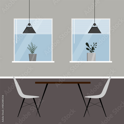 Modern minimalist dining room interior. Two white designer chairs, a wooden table, two large windows, indoor plants, pendant lights.