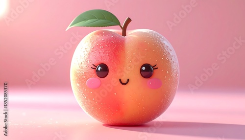 An adorable 3D kawaii peach character with a happy smiling face and soft pastel colors