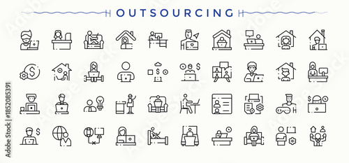 Outsourcing icon collection. Thin web icons. Contain linear symbols freelancing, work, remote working, freelancer. Editable vector art and illustration. Outsourcing icon set.