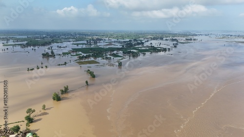 Slika na platnu Flood in Punjab Drone aerial showing flooded fields aerial view of floodwaters o