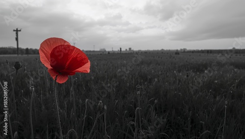 Bright Red Poppy in a Gray Field Under an Overcast Sky in the Countryside
