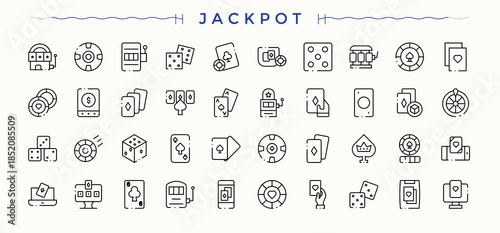 Jackpot icon set. Icons for UI designs. Vector artwork and illustration. Gambling related icon set. Containing card, gambling, ace, poker, slot and more.