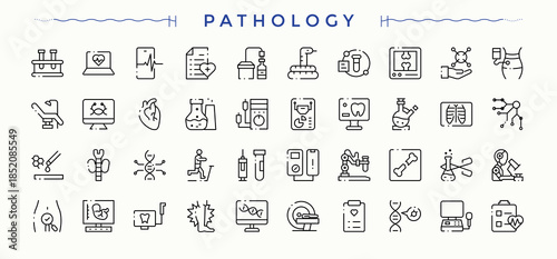 Pathology linear icon collection. Line icons with editable stroke. Hospital icon. Pack of diagnostic, test, medical, clinic, care and more.