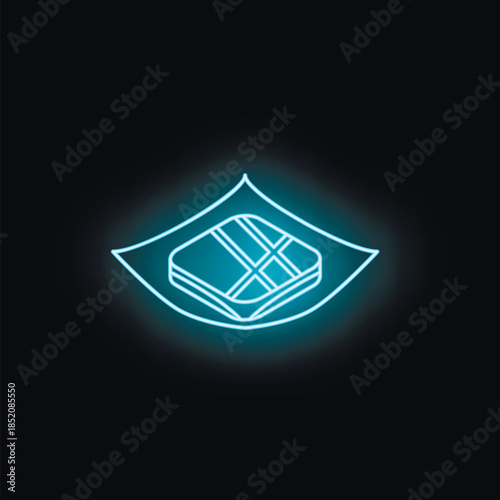 Glowing neon blue sandwich icon on black background representing fast food, takeout, and snacking