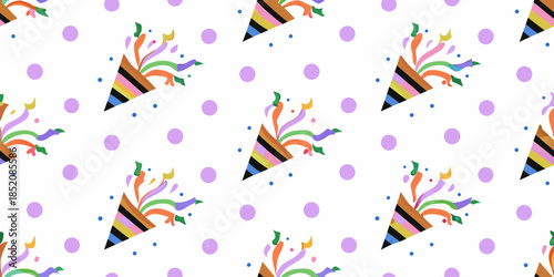 Colorful party hats and polka dots create a cheerful and festive background