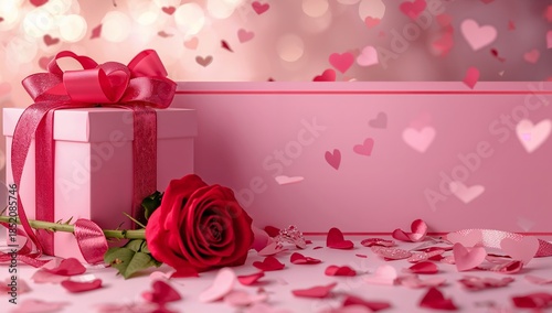 Gift Box With Rose and Heart Shapes on a Pink Background During a Celebration