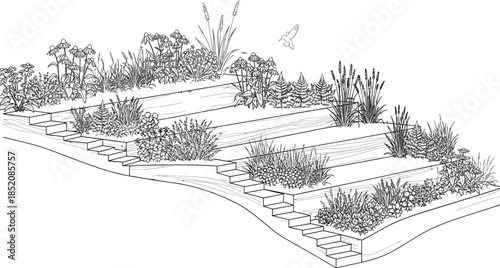 Line art illustration of a tiered retaining wall garden design with flowering plants and steps