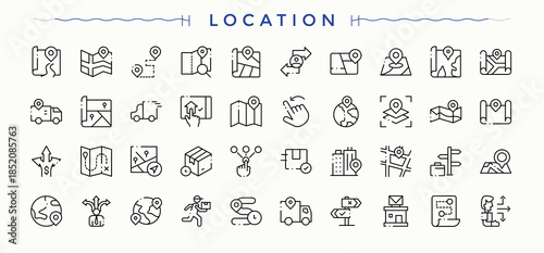 Location related icon set. Minimalist linear icons. Editable stroke. Vector collection. Position icon set. Contains outline symbols like position, direction, pointer, destination, pin and more.