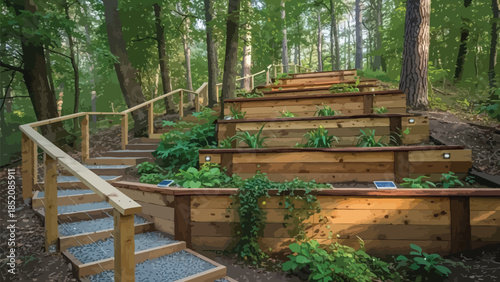 Beautifully constructed wooden retaining wall steps with cable railing leading up a lush wooded hillside