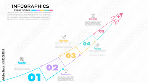 Rocket launch infographic with 5 steps for business growth and startup success process.