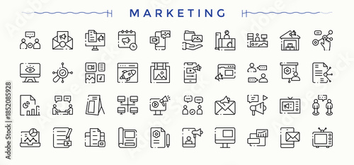 Marketing modern icon set. Minimalist icons collection. Pixel perfect. Editable vector. Digital Marketing icon set. Includes symbols for market, ads, campaign, advertising and more.