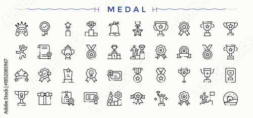 Medal line icon set. Pictograms of award, prize, championship, rank, achievement, badge and more. Award modern icon set. Isolated icons. Editable vector stroke.