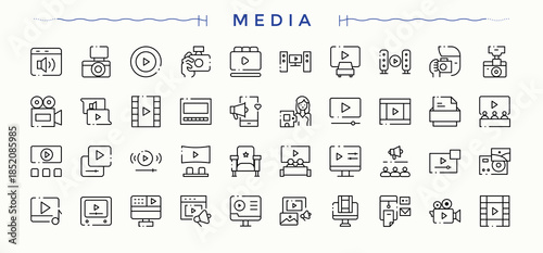 Media icon set. Outline symbol collection. Featuring speak, audio, speaker. Pixel perfect. Vector illustration. Audio icon collection.