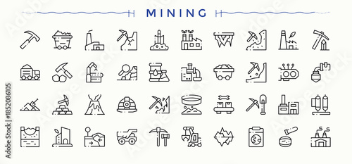 Mining icon set. Trendy minimal icons. Vector artwork and illustration. Underground icon pack. Pictograms of mine, gold, pick, industry and more.