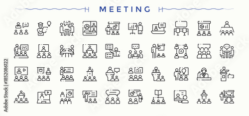 Meeting icon set. Set of line pictogram. Conference icon set. Contain linear symbols discussion, talk, business, presentation, class and more.