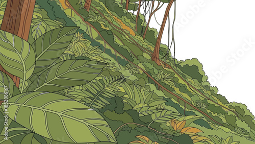 Lush green tropical jungle foliage and dense overgrown vegetation climbing a hillside under bright sky