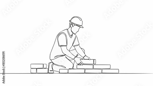 Construction worker laying bricks with focus and precision.
