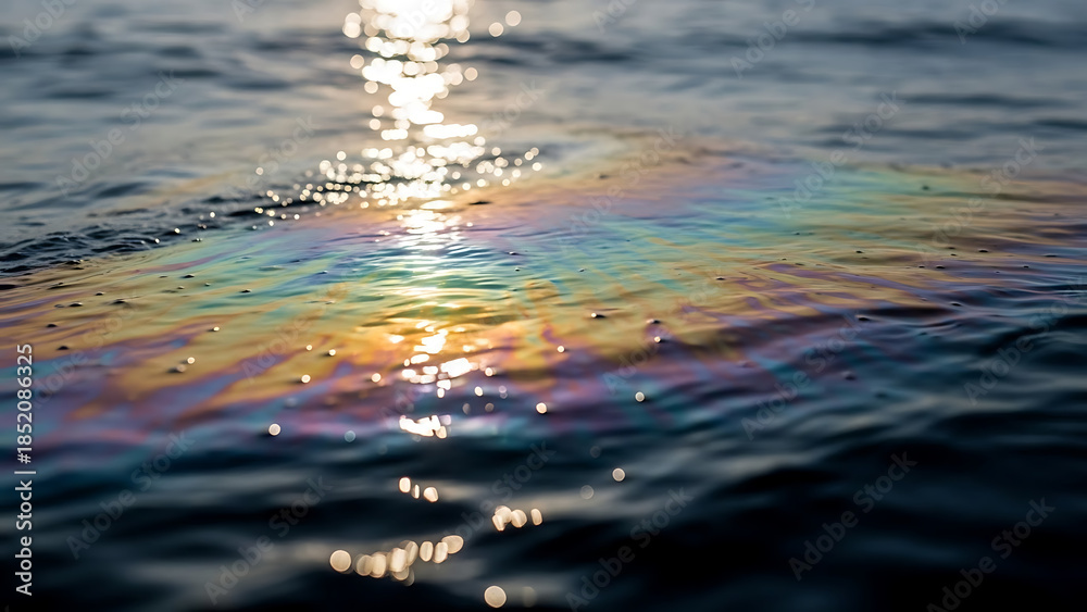 Fototapeta premium Rainbow oil slick on the surface of dark water reflecting the sun's bright glare