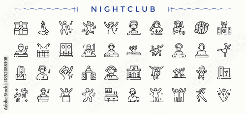 Nightclub modern icon set. Bar web icons pack. Trendy minimal icons. Party line icon set. Editable vector art.