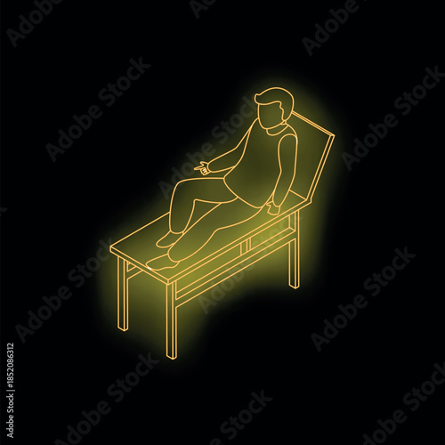 Neon outline of a patient lying on a medical examination table, representing healthcare and medical examinations